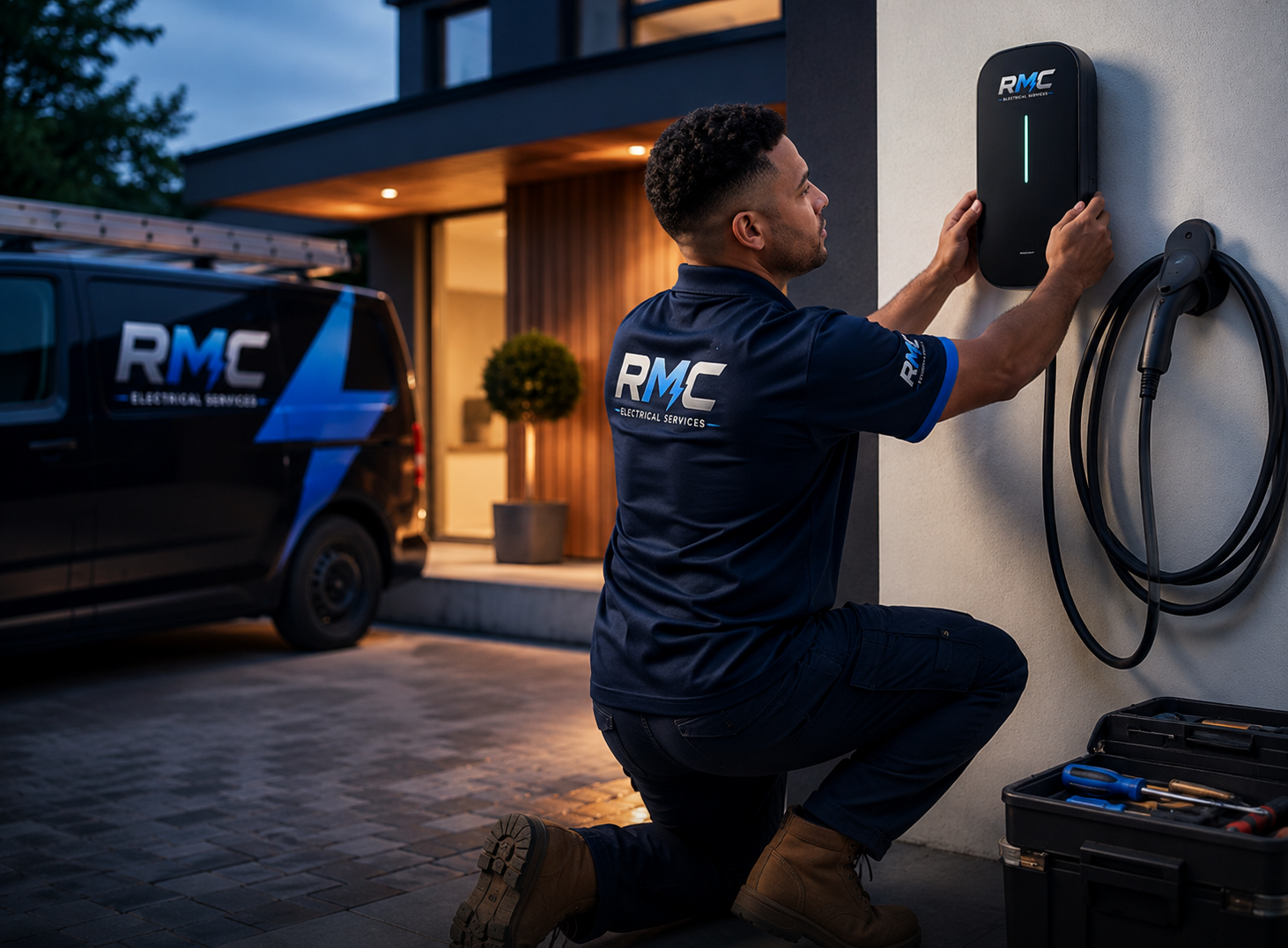 Qualified electrician working beside a premium EV charger installation
